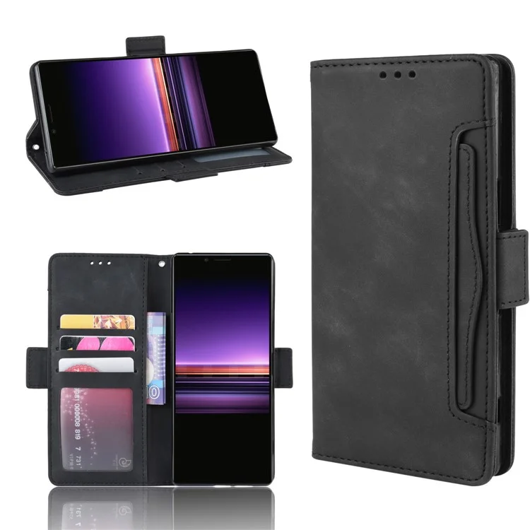 Funda protectora de cuero con soporte para cartera para Sony Xperia 1 - Negro