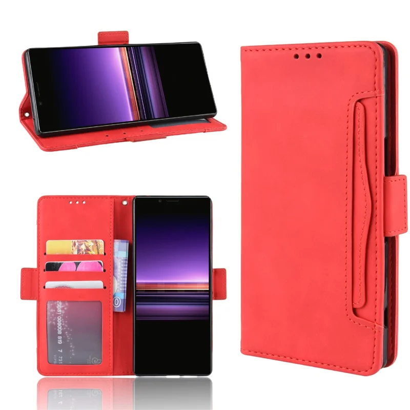 Wallet Stand Leather Protective Phone Case for Sony Xperia 1 - Red