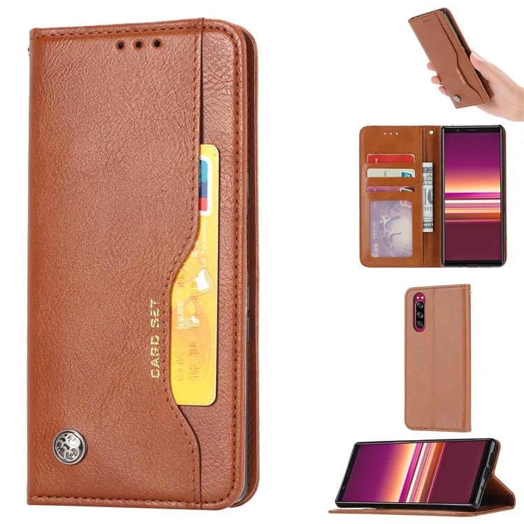 PU Leather Auto-absorbed Cell Phone Casing Shell for Sony Xperia 5 - Brown