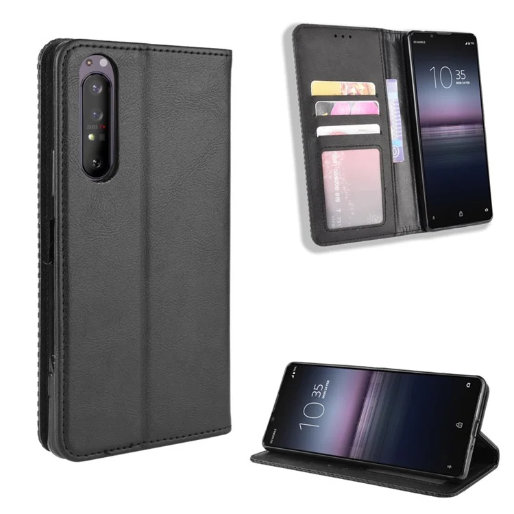 Capa de Telefone de Couro Vintage Absorvida Automaticamente para Sony Xperia 1 II - Preta