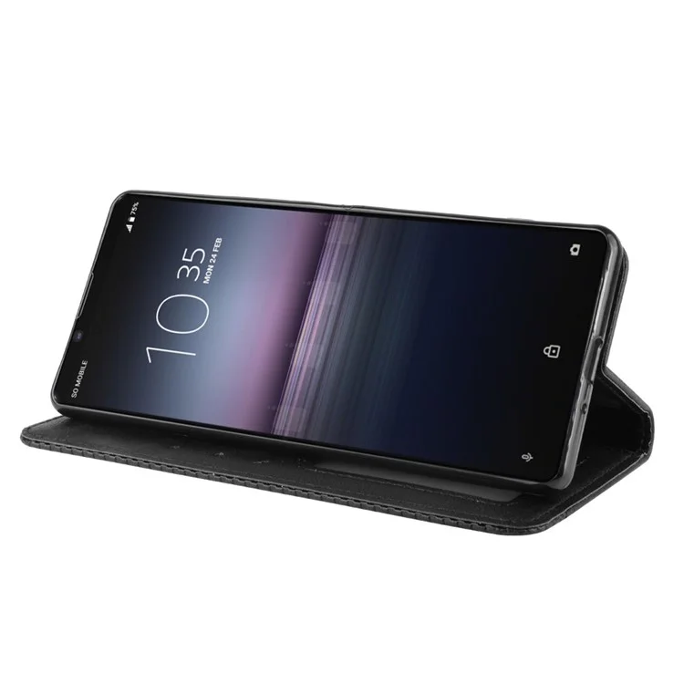 Capa de Telefone de Couro Vintage Absorvida Automaticamente para Sony Xperia 1 II - Preta