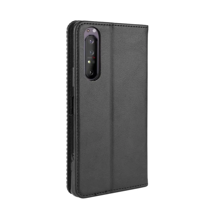 Capa de Telefone de Couro Vintage Absorvida Automaticamente para Sony Xperia 1 II - Preta