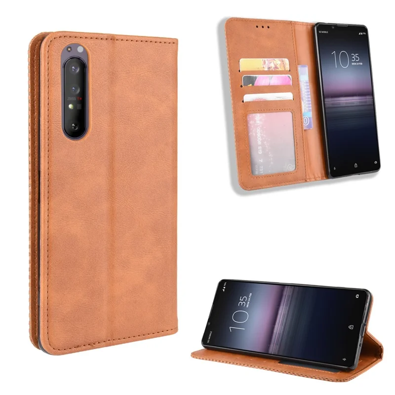 Auto-absorbed Vintage Leather Phone Case Shell for Sony Xperia 1 II - Brown
