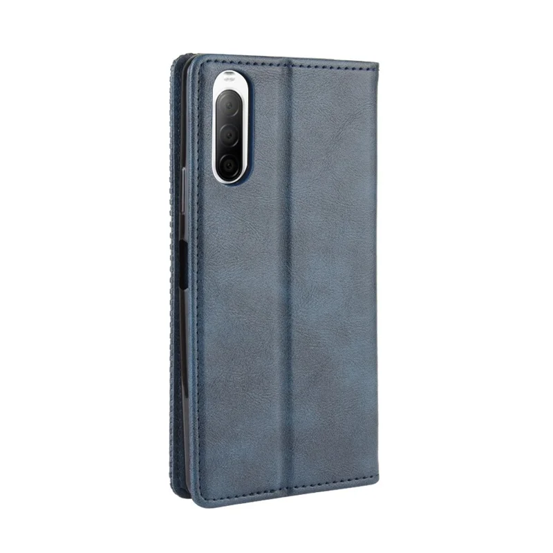 Magnetic Snap Vintage Style Leather Shell Wallet Stand Case for Sony Xperia 10 II - Blue