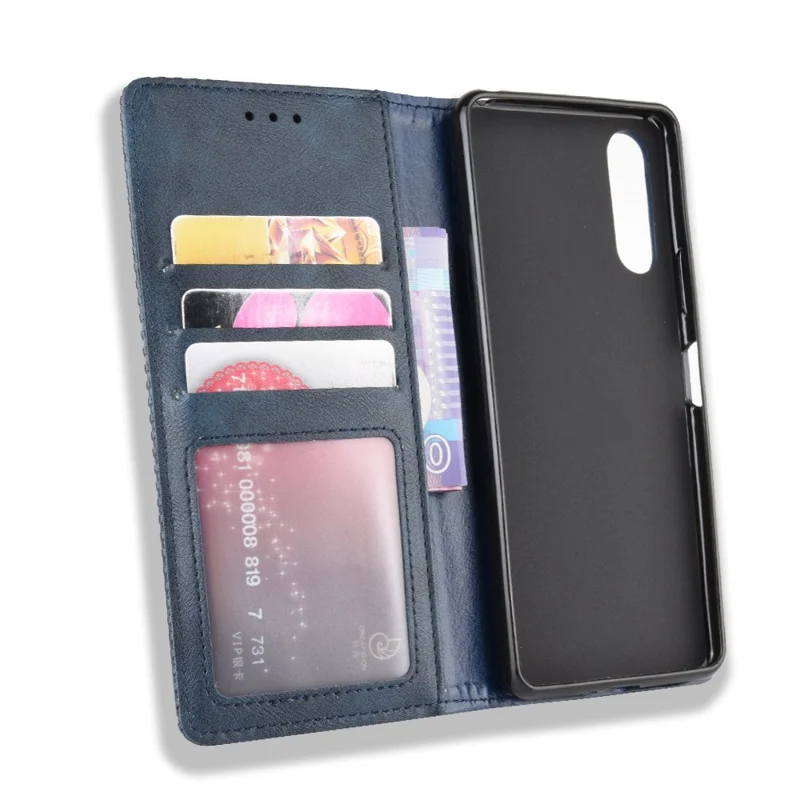 Magnetic Snap Vintage Style Leather Shell Wallet Stand Case for Sony Xperia 10 II - Blue