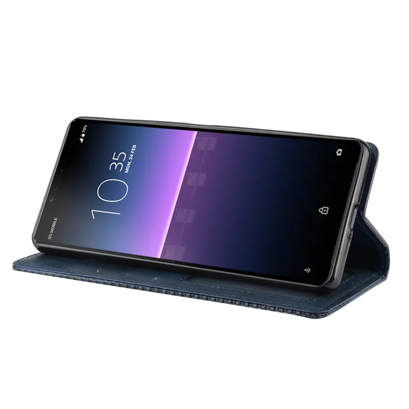 Magnetic Snap Vintage Style Leather Shell Wallet Stand Case for Sony Xperia 10 II - Blue