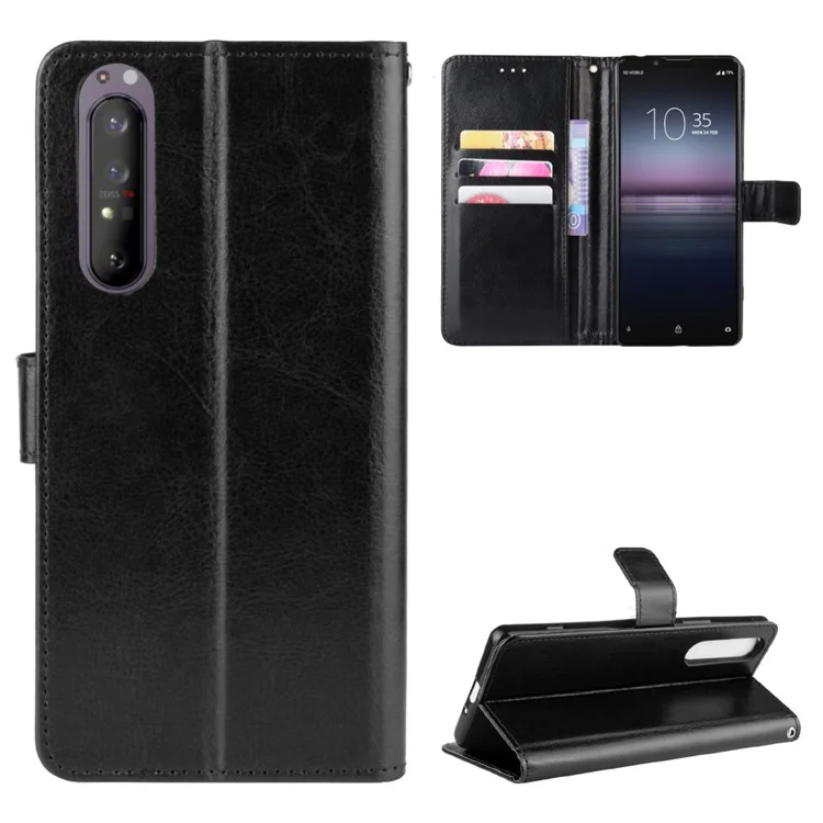 For Sony Xperia 1 II Crazy Horse PU Leather Wallet Cell Phone Cover - Black