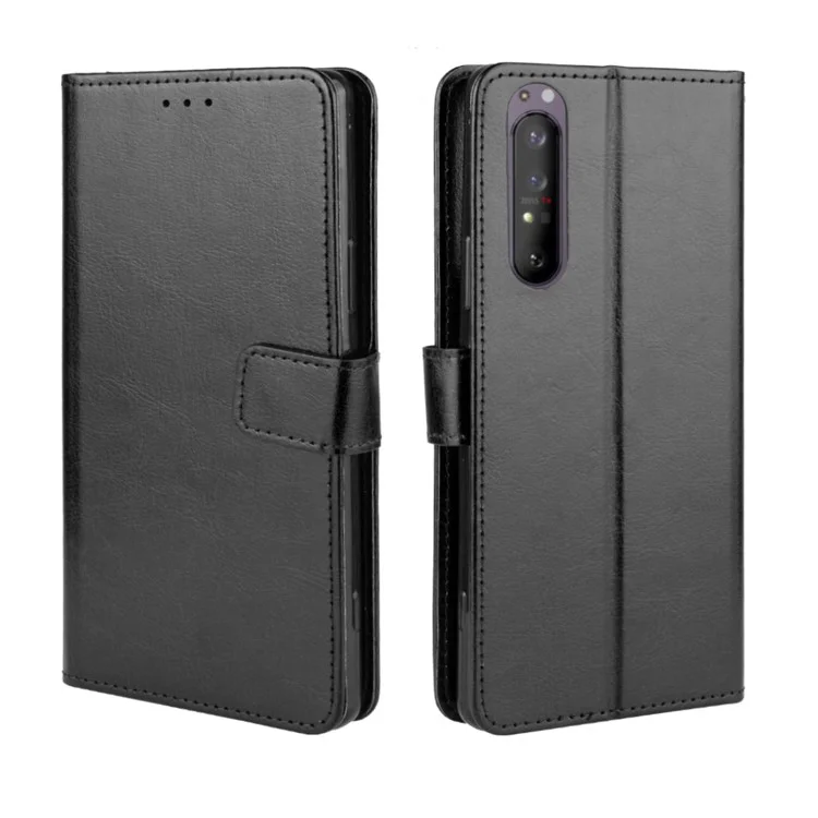 For Sony Xperia 1 II Crazy Horse PU Leather Wallet Cell Phone Cover - Black