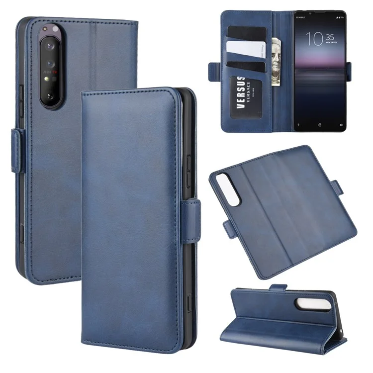 Double Clasp Flip Leather Wallet Stand Phone Cover for Sony Xperia 1 II - Blue