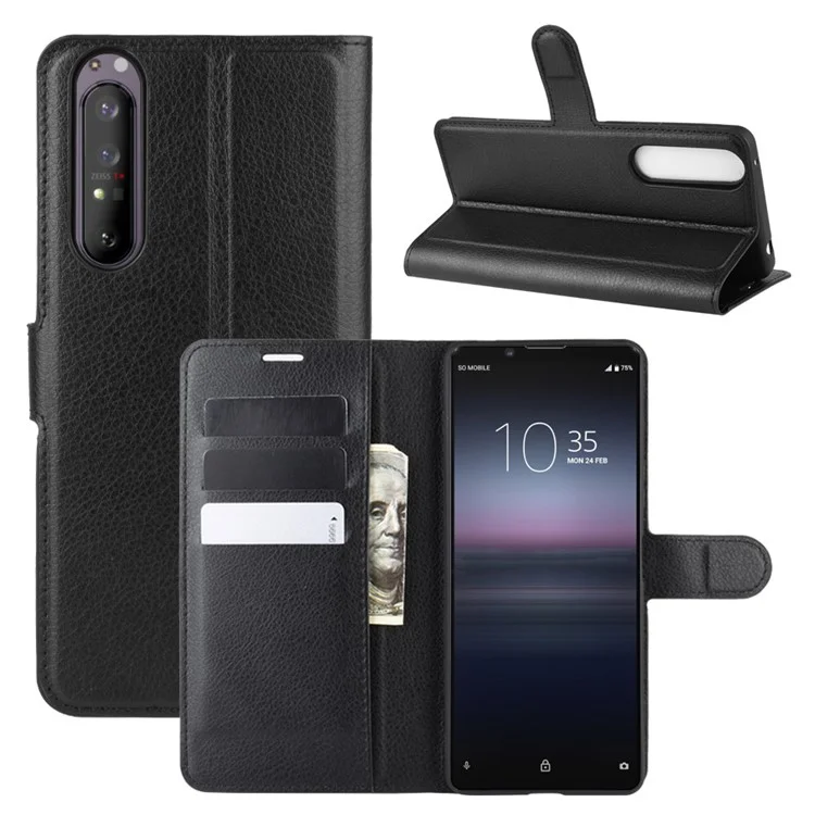 Litchi Skin Wallet Leather Stand Caso Para Sony Xperia 1 II - Preto