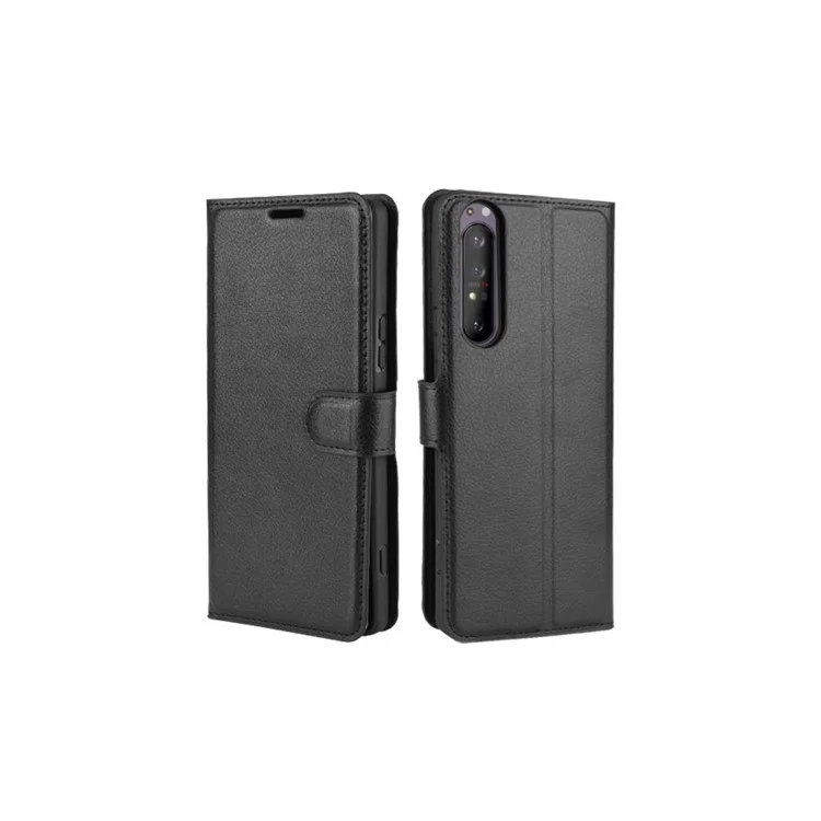 Carteira de Couro Litchi Skin Stand Case para Sony Xperia 1 II - Preto