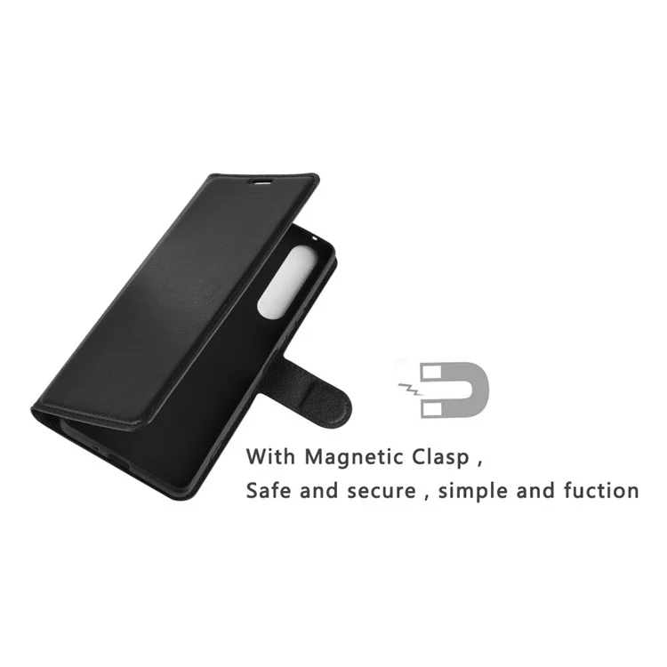 Carteira de Couro Litchi Skin Stand Case para Sony Xperia 1 II - Preto