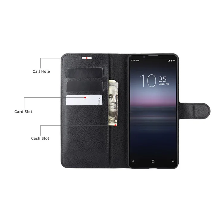 Carteira de Couro Litchi Skin Stand Case para Sony Xperia 1 II - Preto