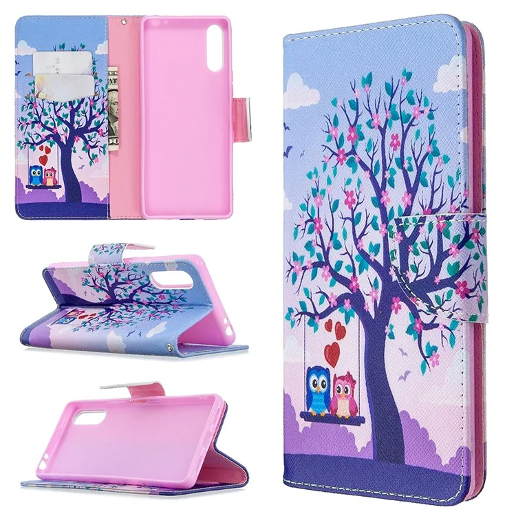 Motif D'impression de Boîtier de Portefeuille Couverture en Cuir Pour Sony Xperia L4 - Hibou et Arbre