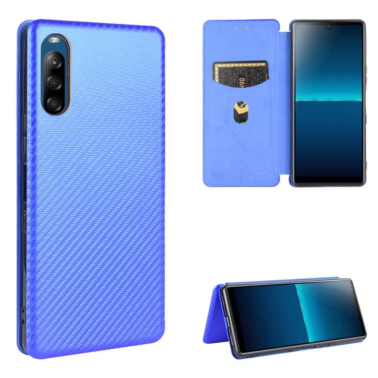 Kohlefaser Auto-absorbierte Leder-Stand-Protektor-Abdeckung Für Sony Xperia L4 - Blau