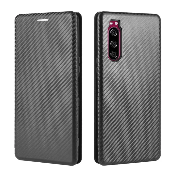 Carbon Fiber Auto-absorbed Leather Case with Card Slot for Sony Xperia 5 II - Black