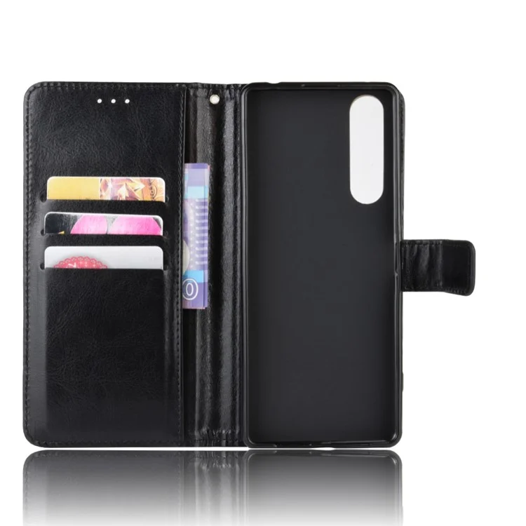 Crazy Horse Texture Protector Wallet Stand Leather Phone Case for Sony Xperia 5 II - Black