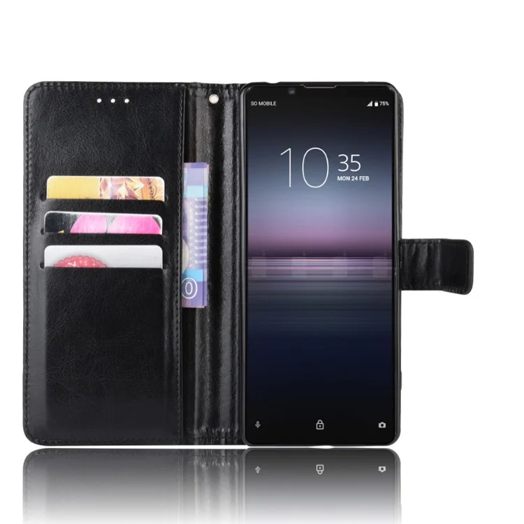 Crazy Horse Texture Protector Wallet Stand Leather Phone Case for Sony Xperia 5 II - Black