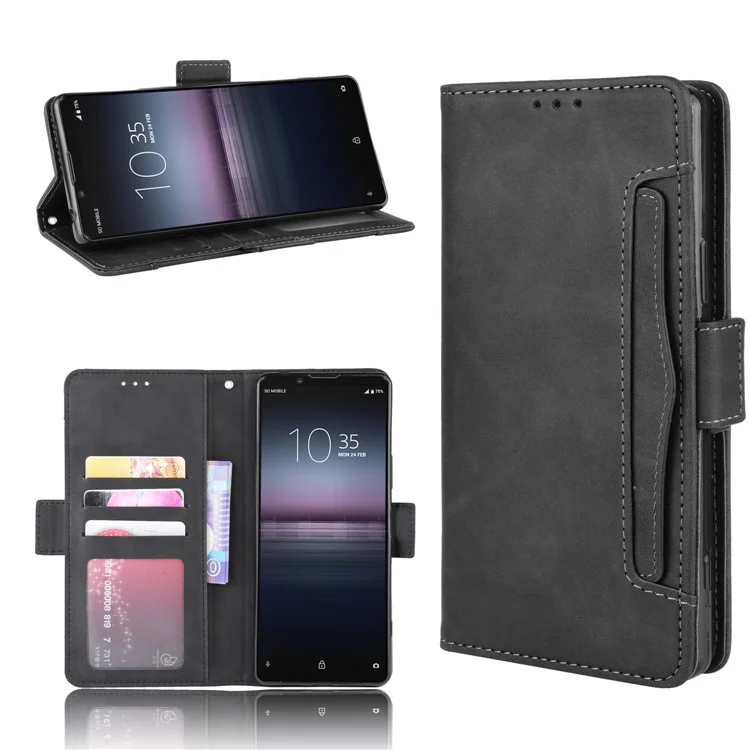 Multi-slot Leather Case Wallet Stand Shell for Sony Xperia 5 II - Black