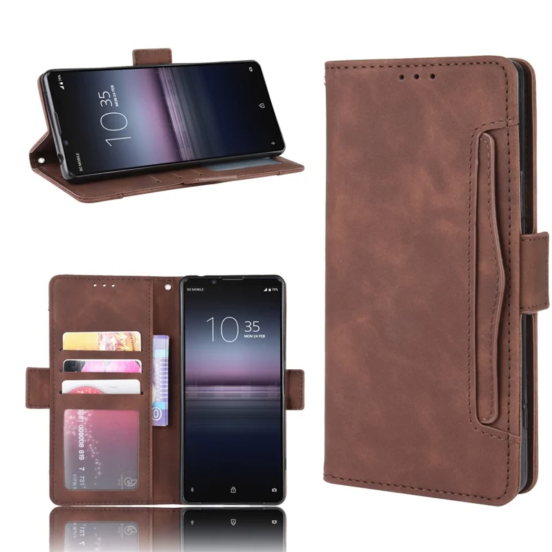 Funda de Cuero Multislot Cartera Soporte Carcasa para Sony Xperia 5 II - Marrón