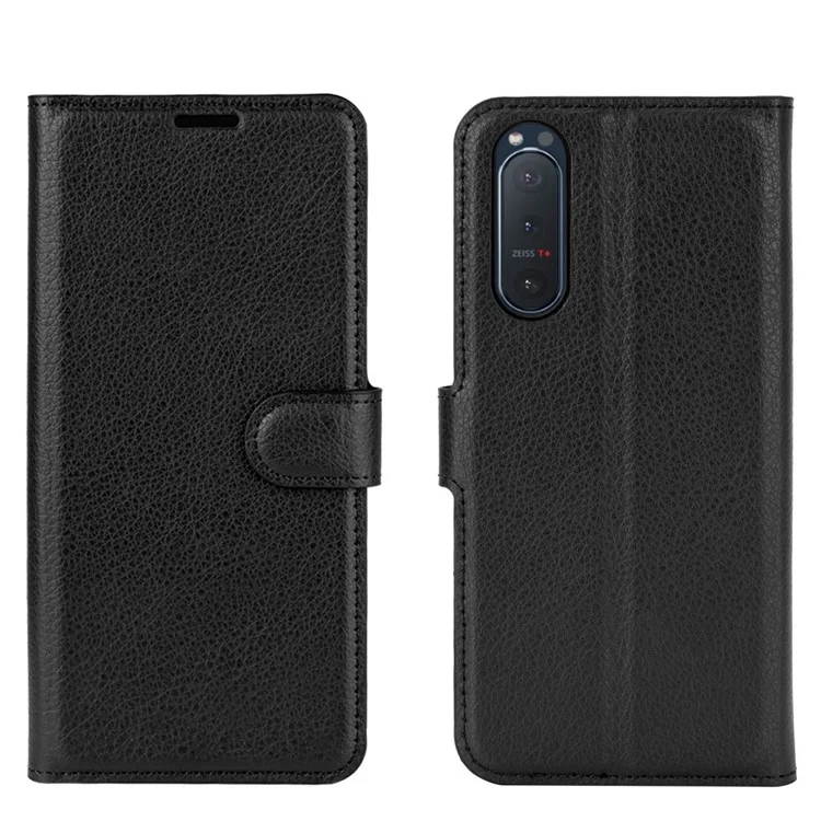 Litchi Texture Leather Wallet Cell Phone Protective Case for Sony Xperia 5 II - Black