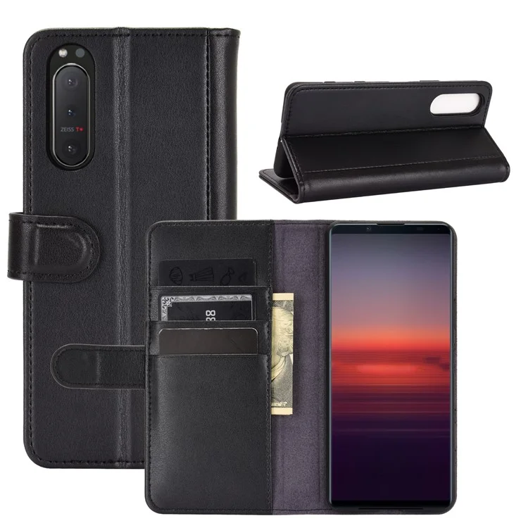 For Sony Xperia 5 II with Magnetic Closure Design Phone Cases Genuine Split Leather Wallet Mobile Cover Stand - Black