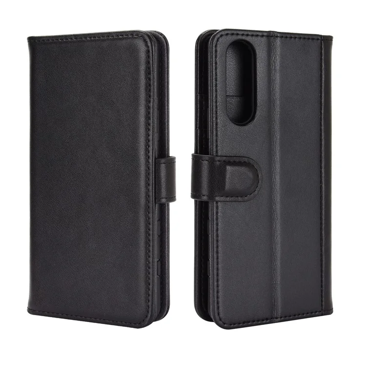For Sony Xperia 5 II with Magnetic Closure Design Phone Cases Genuine Split Leather Wallet Mobile Cover Stand - Black