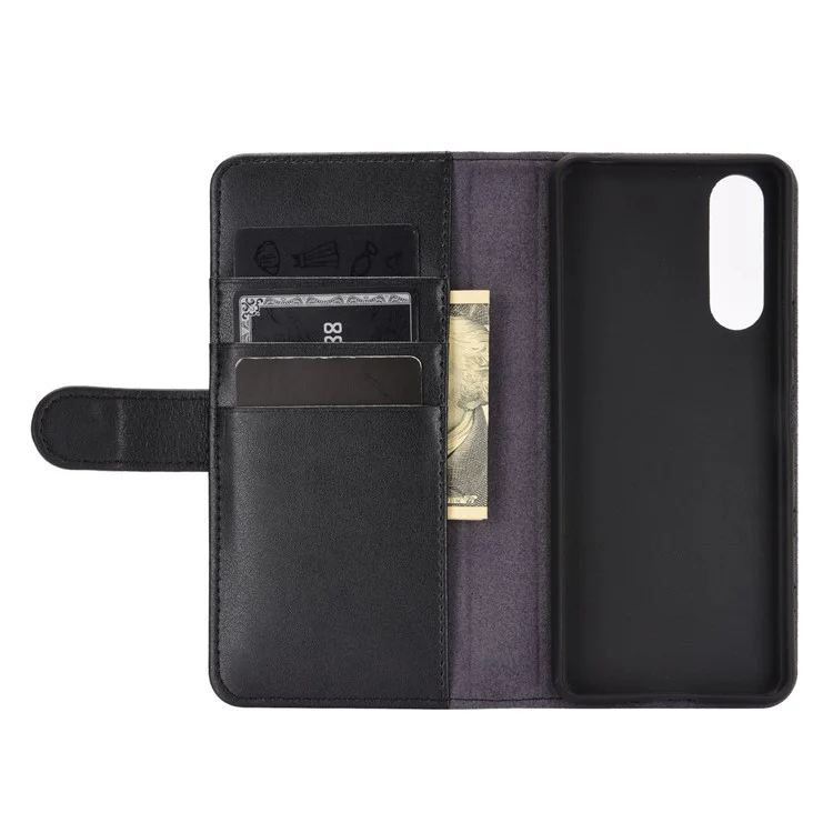 For Sony Xperia 5 II with Magnetic Closure Design Phone Cases Genuine Split Leather Wallet Mobile Cover Stand - Black