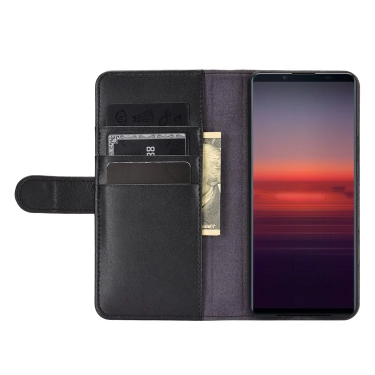 For Sony Xperia 5 II with Magnetic Closure Design Phone Cases Genuine Split Leather Wallet Mobile Cover Stand - Black