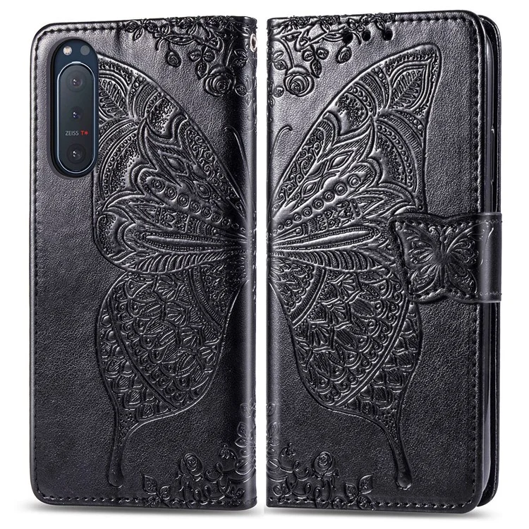 Imprint Big Butterfly Leather Wallet Shell Для Sony Xperia 5 II - Черный