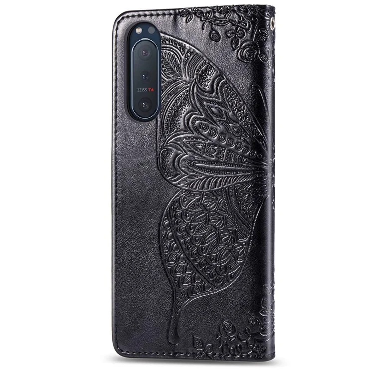 Imprint Big Butterfly Leather Wallet Shell Для Sony Xperia 5 II - Черный