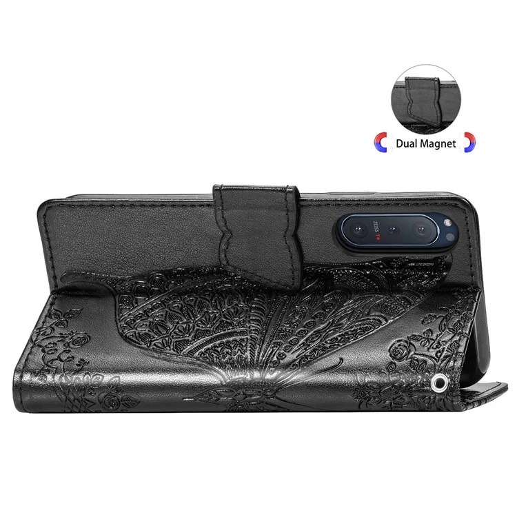 Imprint Big Butterfly Leather Wallet Shell Для Sony Xperia 5 II - Черный