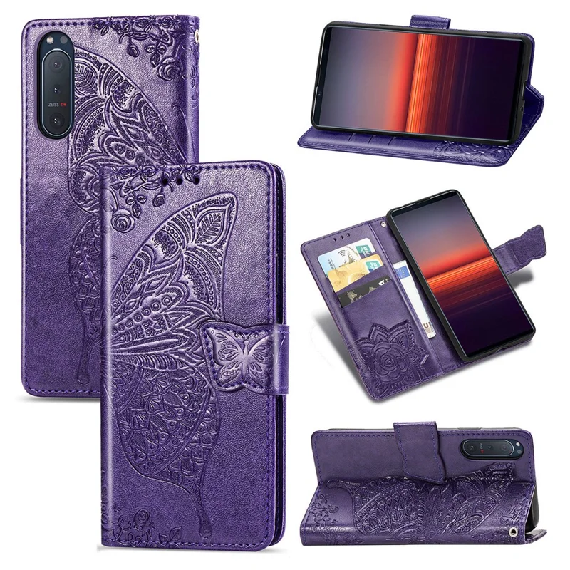 Imprint Big Butterfly Leather Wallet Phone Shell for Sony Xperia 5 II - Dark Purple