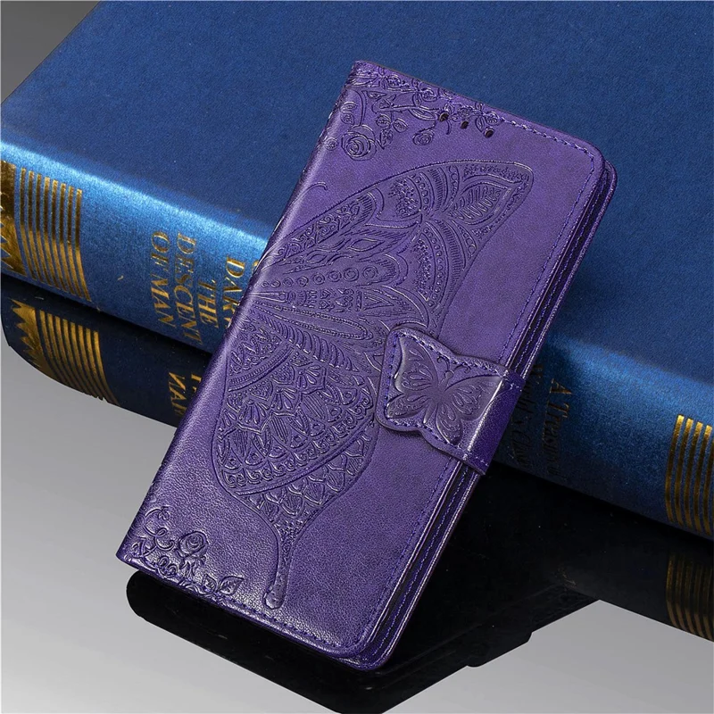 Imprint Big Butterfly Leather Wallet Phone Shell for Sony Xperia 5 II - Dark Purple