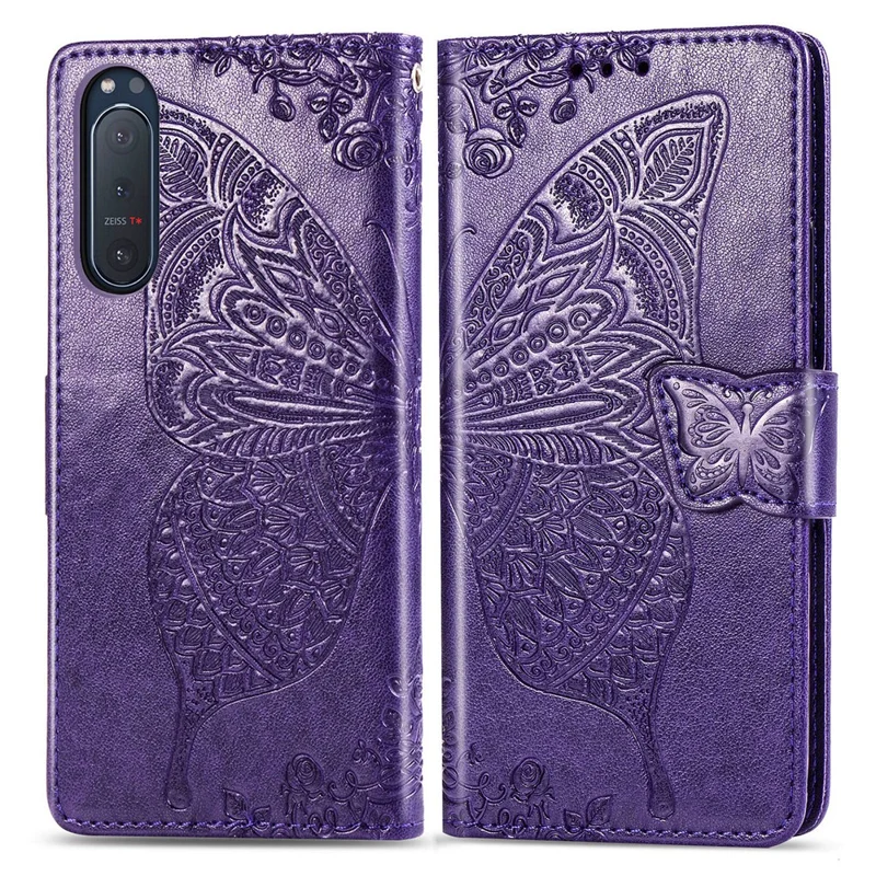 Imprint Big Butterfly Leather Wallet Phone Shell for Sony Xperia 5 II - Dark Purple