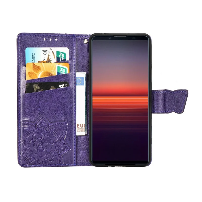 Imprint Big Butterfly Leather Wallet Phone Shell for Sony Xperia 5 II - Dark Purple