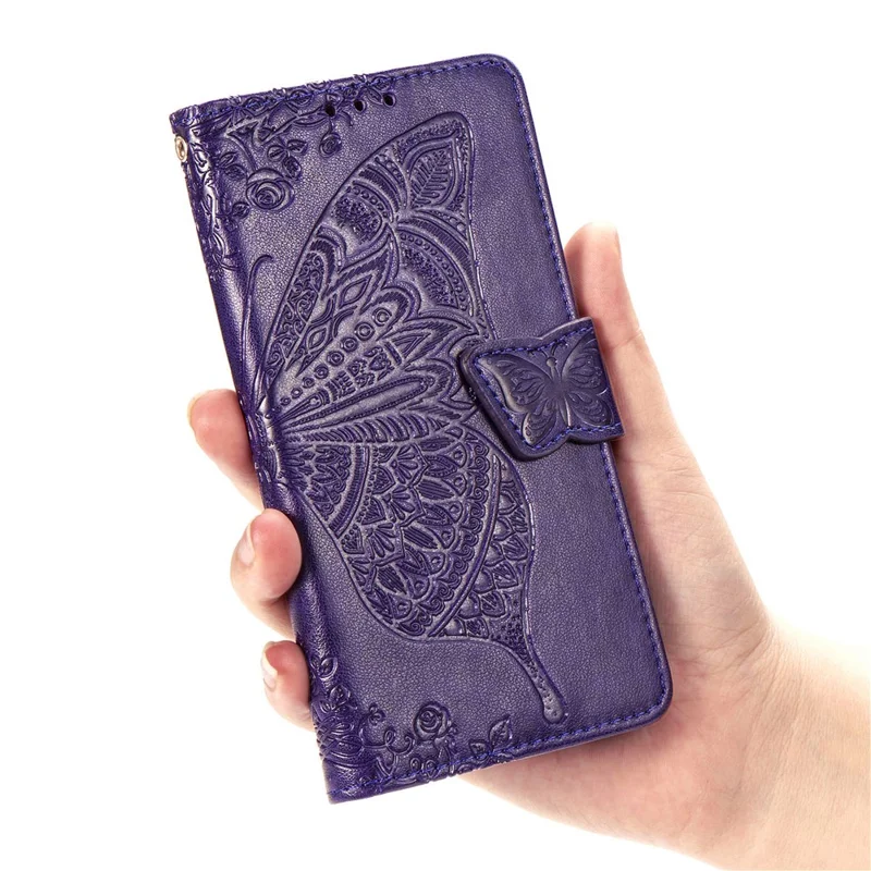 Imprint Big Butterfly Leather Wallet Phone Shell for Sony Xperia 5 II - Dark Purple