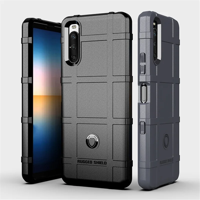 Shock-proof Rugged Square Grid Texture TPU Phone Cover Case for Sony Xperia 10 III 5G / Xperia 10 III Lite - Black