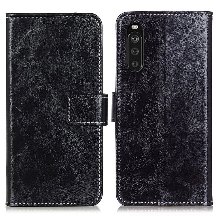 Portafoglio in pelle con texture Vintage Crazy Horse per Sony Xperia 10 III 5G / Xperia 10 III Lite - Nero