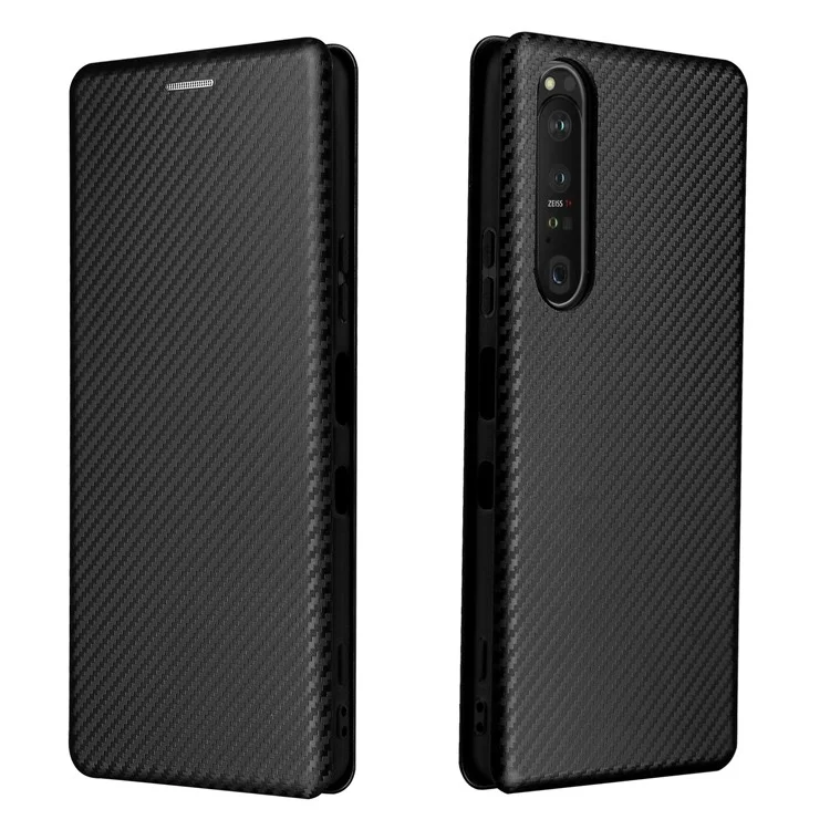 Custodia in pelle per telefono cellulare con texture in fibra di carbonio e supporto assorbente per Sony Xperia 1 III 5G - Nero