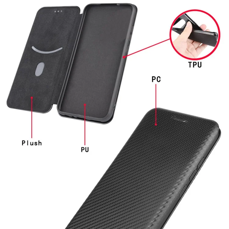 Custodia in pelle per telefono cellulare con texture in fibra di carbonio e supporto assorbente per Sony Xperia 1 III 5G - Nero