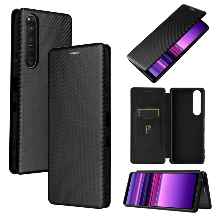 Custodia in pelle per telefono cellulare con texture in fibra di carbonio e supporto assorbente per Sony Xperia 1 III 5G - Nero