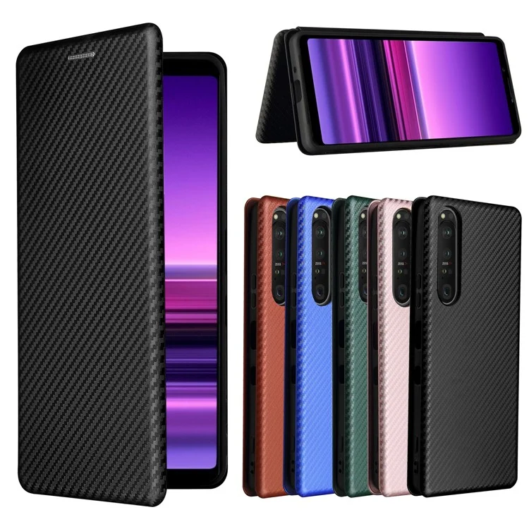 Custodia in pelle per telefono cellulare con texture in fibra di carbonio e supporto assorbente per Sony Xperia 1 III 5G - Nero