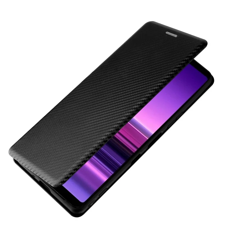 Custodia in pelle per telefono cellulare con texture in fibra di carbonio e supporto assorbente per Sony Xperia 1 III 5G - Nero