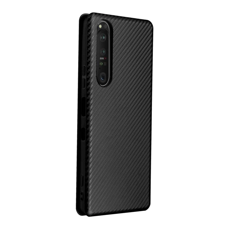 Custodia in pelle per telefono cellulare con texture in fibra di carbonio e supporto assorbente per Sony Xperia 1 III 5G - Nero