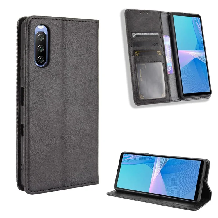 Funda de teléfono con cierre magnético de estilo vintage, cartera y soporte para Sony Xperia 10 III 5G - Negro