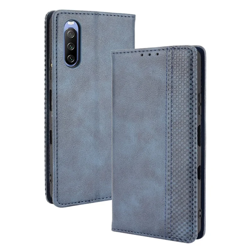 Magnetic Closure Vintage Style Phone Case Wallet Stand Leather Cover for Sony Xperia 10 III 5G - Blue