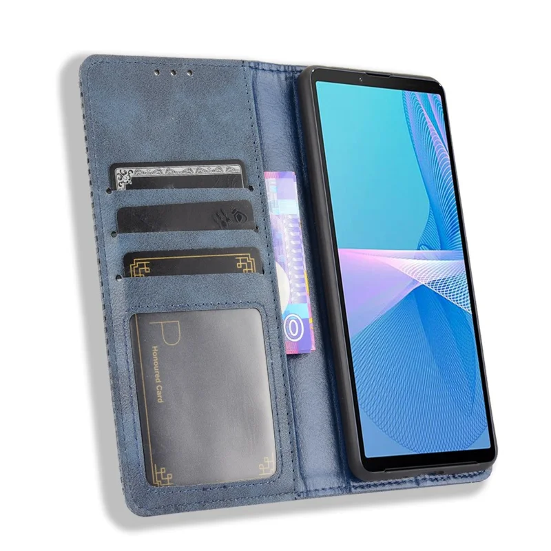 Magnetic Closure Vintage Style Phone Case Wallet Stand Leather Cover for Sony Xperia 10 III 5G - Blue