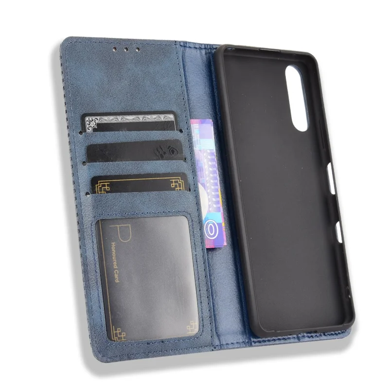 Magnetic Closure Vintage Style Phone Case Wallet Stand Leather Cover for Sony Xperia 10 III 5G - Blue