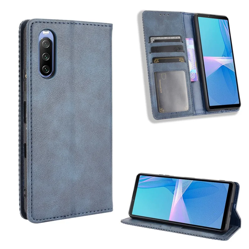 Magnetic Closure Vintage Style Phone Case Wallet Stand Leather Cover for Sony Xperia 10 III 5G - Blue